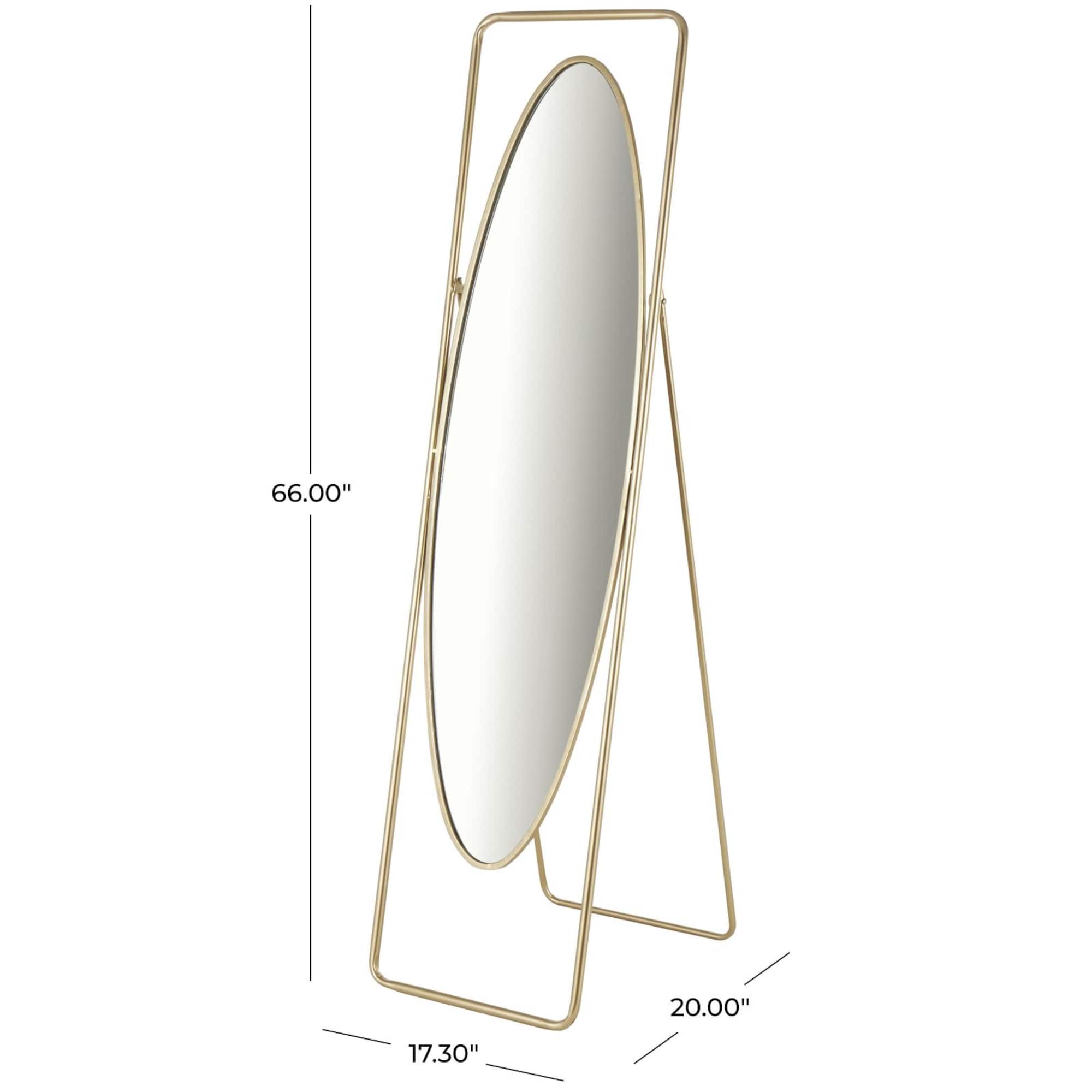 17" x 66" Gold Metal Geometric Oval Floor Mirror with Rectangular Frame & Stand
